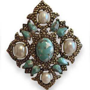 Sarah Coventry Vintage Brooch Gold Tone Faux Turquoise Glass Pearl